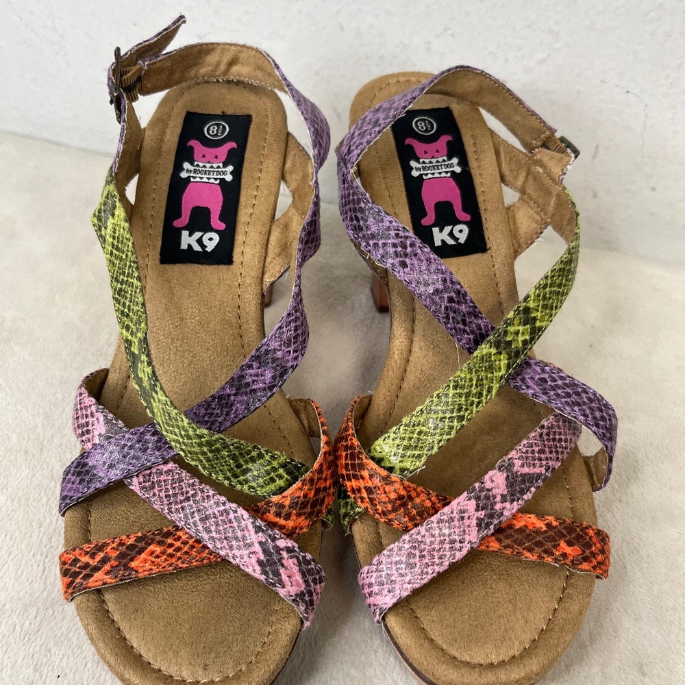 K9 by Rocket Dog Strappy Heel Sandal Womens 8.5 M Reptile Skin Wooden Block Heel